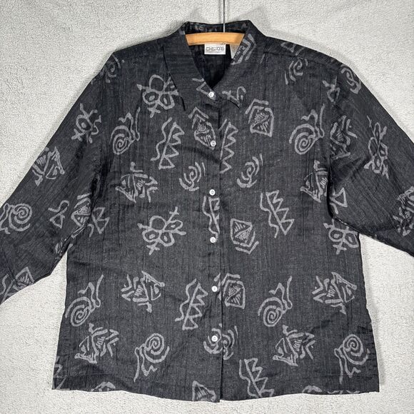 Chicos Top Women’s Size 2 (L) Black Linen Blend Artsy Boho‎ Artistic Abstract - Picture 2 of 14